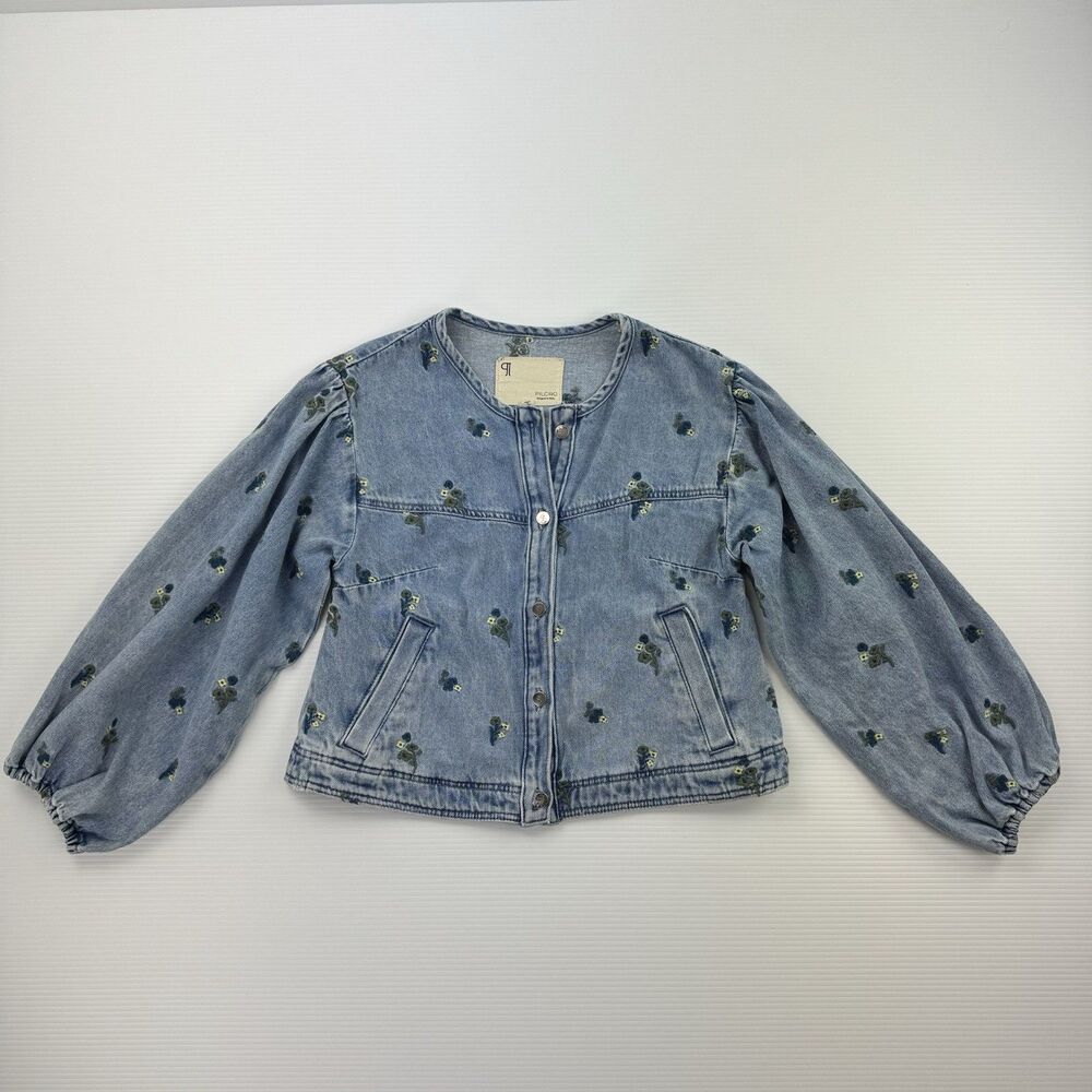 Pilcro Anthropologie Collarless Embroidered Denim Swing Jacket Women's S Floral - Picture 4 of 11